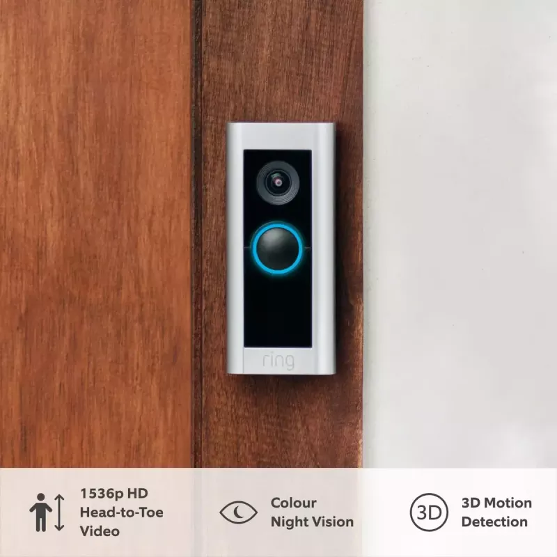 Video intercom system RING B0B2BNM4PV — juhtmeta, 1920×1080 max video, niklivärvusega viimistlus, Wi‑Fi (802.11b/g/n/ax)