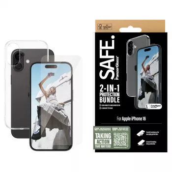 PanzerGlass SAFE. by ® 2-in-1 kaitsekomplekt iPhone 16, Apple, Apple - iPhone 16, Kuiv paigaldus, Kriimustuskindel, Löögikindel, Läbipaistev, 1 tk