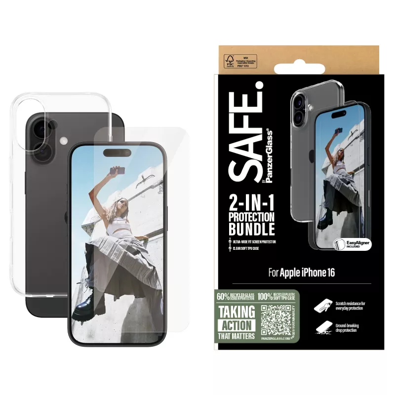 PanzerGlass SAFE. by ® 2-in-1 kaitsekomplekt iPhone 16, Apple, Apple - iPhone 16, Kuiv paigaldus, Kriimustuskindel, Löögikindel, Läbipaistev, 1 tk