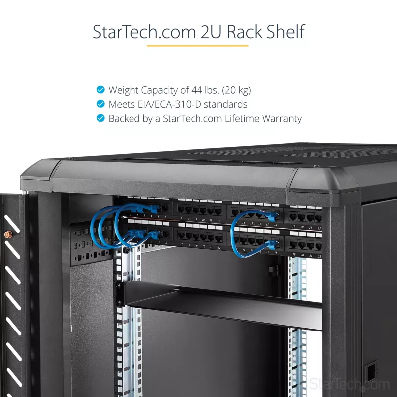 StarTech.com 2U serveririiuli riiul – universaalne riiulisse paigaldatav konsoolriiul 19-tollise võrguseadmete riiuli ja kapi jaoks – vastupidav teras – kandevõime 44 naela / 20 kg – 16 tolli sügav alus, must
