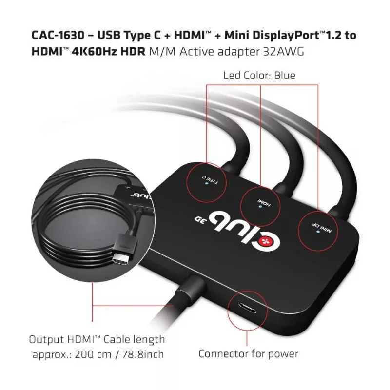 CLUB3D USB Type C + HDMI™ + MiniDisplayPort™ 1.2 to HDMI™ 4K60Hz HDR M/M aktiivne adapter 32AWG