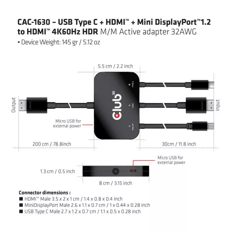 CLUB3D USB Type C + HDMI™ + MiniDisplayPort™ 1.2 to HDMI™ 4K60Hz HDR M/M aktiivne adapter 32AWG