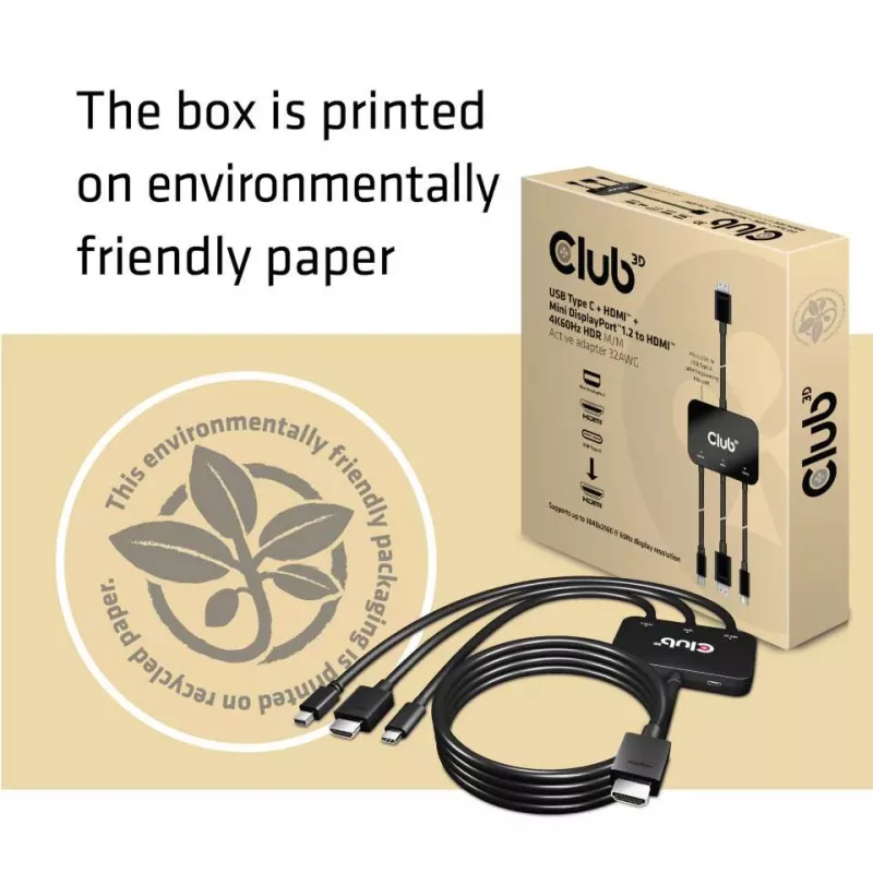 CLUB3D USB Type C + HDMI™ + MiniDisplayPort™ 1.2 to HDMI™ 4K60Hz HDR M/M aktiivne adapter 32AWG
