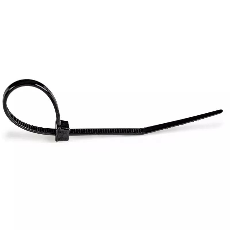 StarTech.com 100-Pack 6 inch(15cm) kaablisidemed - 1/8 inch(3,6mm) laiad, 1-3/8 inch(39mm) kimbu läbimõõt, 40lb(18kg) tõmbetugevus, nailonist iselukustuvad tõmblukud kumera otsaga, UL loetletud, mustad - TAA