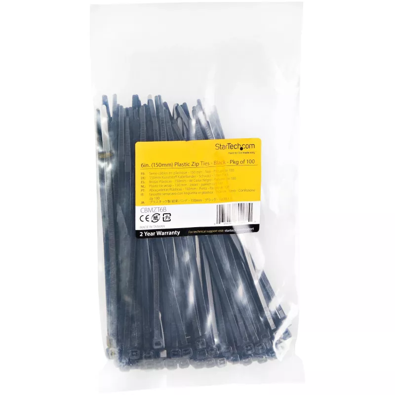 StarTech.com 100-Pack 6 inch(15cm) kaablisidemed - 1/8 inch(3,6mm) laiad, 1-3/8 inch(39mm) kimbu läbimõõt, 40lb(18kg) tõmbetugevus, nailonist iselukustuvad tõmblukud kumera otsaga, UL loetletud, mustad - TAA