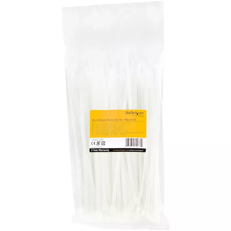 StarTech.com 8-tolline (20 cm) kaablisidemed - 1/8 tolli (4 mm) laiad, 2-1/8 tolli (55 mm) kimbu läbimõõt, 50 naela (22 kg) tõmbetugevus, nailonist iselukustuvad kaablisidemed kumera otsaga - 94V-2/UL loetletud, 100 tk pakendis - valge