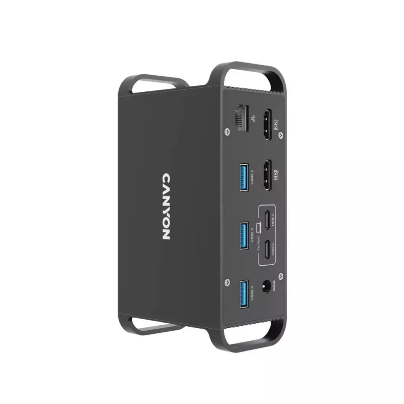 Dokkimisjaam CANYON CNS-HDS95ST — USB-C (USB 3.2 Gen 2) dokkimine 2× HDMI, 2× USB 3.2 Gen1, 2× USB 2.0, Gigabit Ethernet, 100 W, alumiinium, must