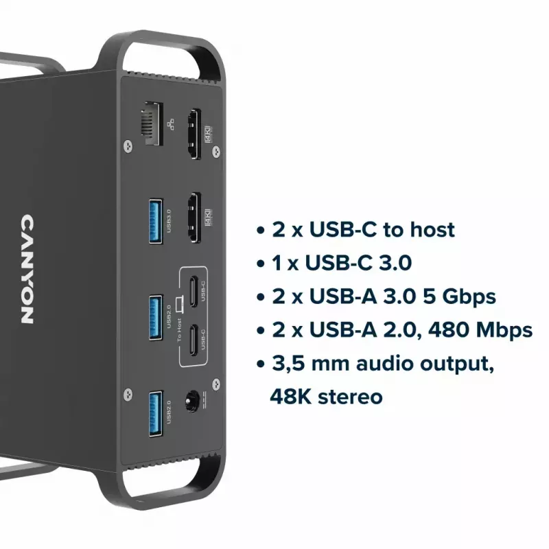 Dokkimisjaam CANYON CNS-HDS95ST — USB-C (USB 3.2 Gen 2) dokkimine 2× HDMI, 2× USB 3.2 Gen1, 2× USB 2.0, Gigabit Ethernet, 100 W, alumiinium, must
