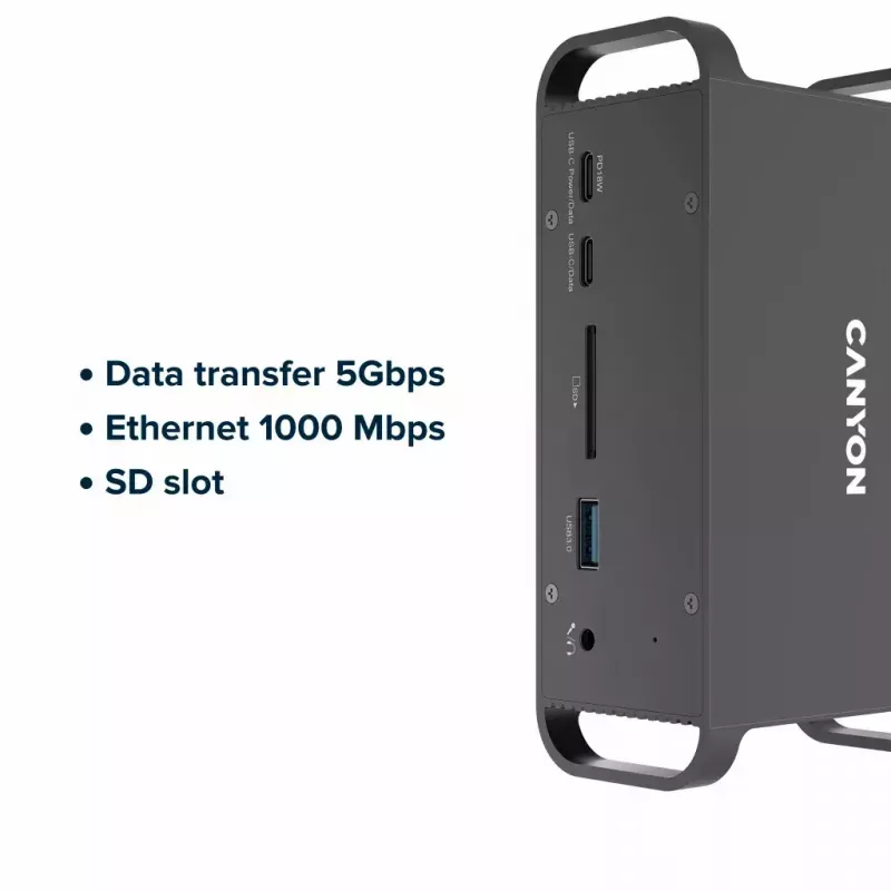 Dokkimisjaam CANYON CNS-HDS95ST — USB-C (USB 3.2 Gen 2) dokkimine 2× HDMI, 2× USB 3.2 Gen1, 2× USB 2.0, Gigabit Ethernet, 100 W, alumiinium, must