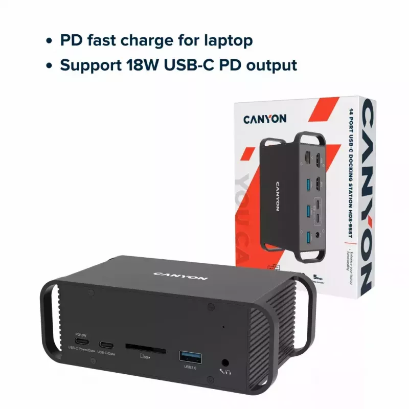 Dokkimisjaam CANYON CNS-HDS95ST — USB-C (USB 3.2 Gen 2) dokkimine 2× HDMI, 2× USB 3.2 Gen1, 2× USB 2.0, Gigabit Ethernet, 100 W, alumiinium, must