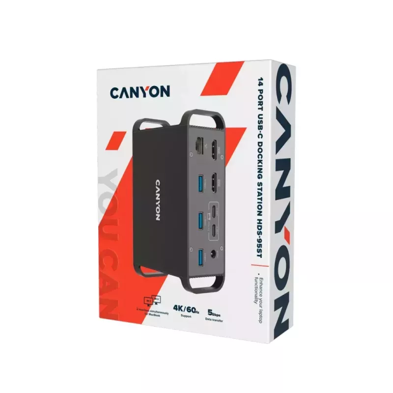 Dokkimisjaam CANYON CNS-HDS95ST — USB-C (USB 3.2 Gen 2) dokkimine 2× HDMI, 2× USB 3.2 Gen1, 2× USB 2.0, Gigabit Ethernet, 100 W, alumiinium, must
