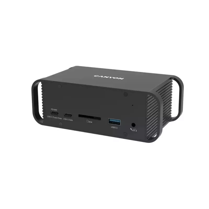 Dokkimisjaam CANYON CNS-HDS95ST — USB-C (USB 3.2 Gen 2) dokkimine 2× HDMI, 2× USB 3.2 Gen1, 2× USB 2.0, Gigabit Ethernet, 100 W, alumiinium, must