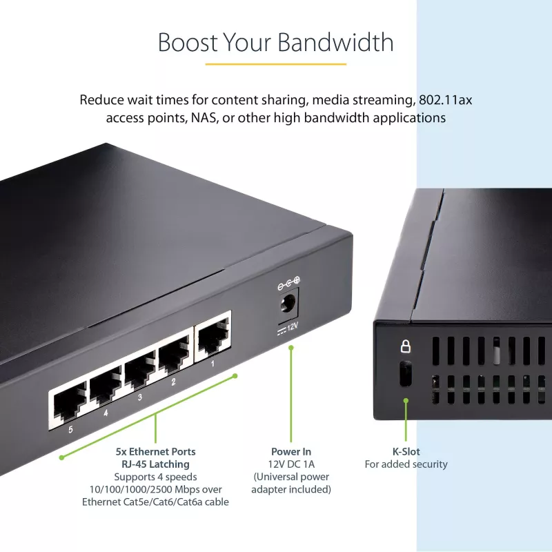 StarTech.com Haldamata 2.5G kommutaator - 5 pordiga gigabitine kommutaator - 2.5GBASE-T haldamata Etherneti kommutaator - Etherneti jaotur - DIN-liistule või seinale paigaldatav - multi-gigabitine - Auto-MDIX - 9K jumbo