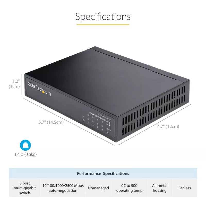 StarTech.com Haldamata 2.5G kommutaator - 5 pordiga gigabitine kommutaator - 2.5GBASE-T haldamata Etherneti kommutaator - Etherneti jaotur - DIN-liistule või seinale paigaldatav - multi-gigabitine - Auto-MDIX - 9K jumbo
