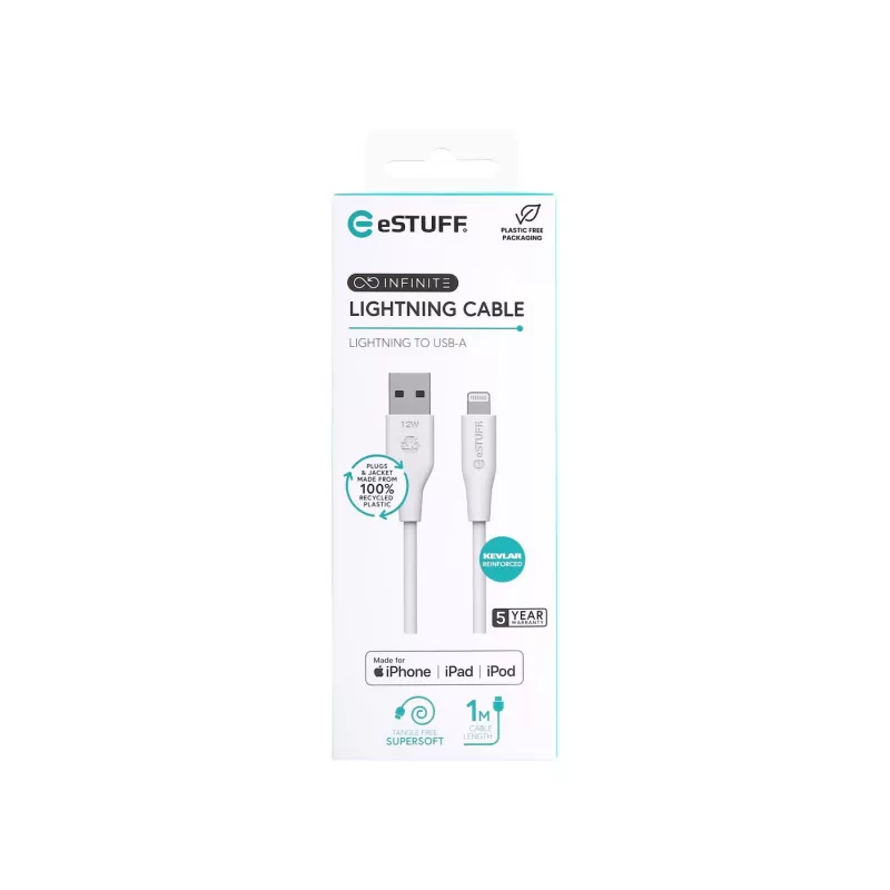 Lightning-kaabel eSTUFF ES601170 1m USB A 2,4A 5V valge