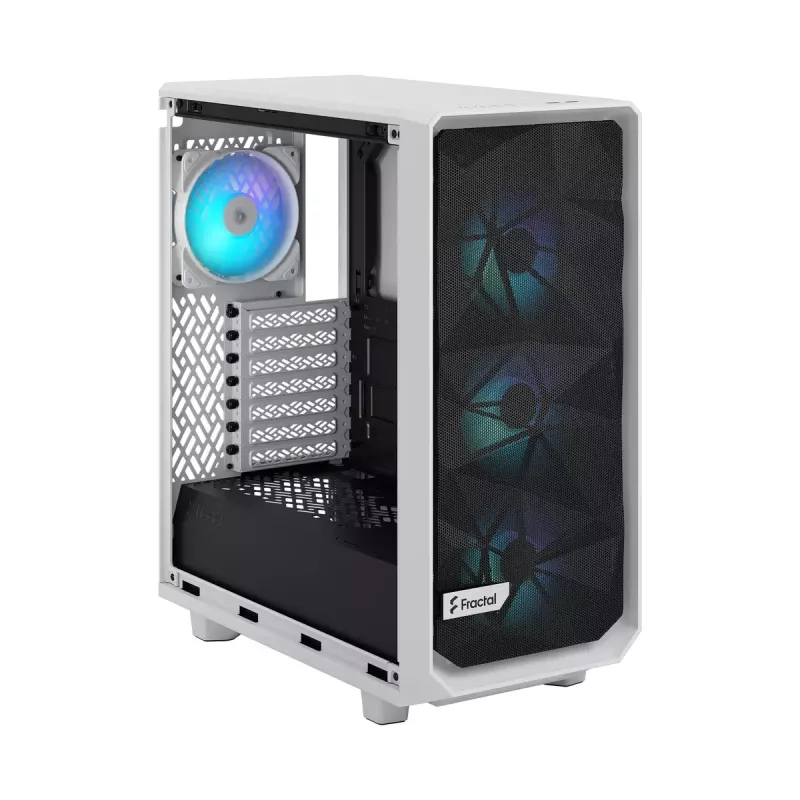 PC case Fractal Design Meshify 2 Compact RGB Valge — ATX/mikroATX/Mini-ITX, toetab 3x120 mm esiosa + 1x120 mm tagumine, 2,5-tollised/3,5-tollised kettad