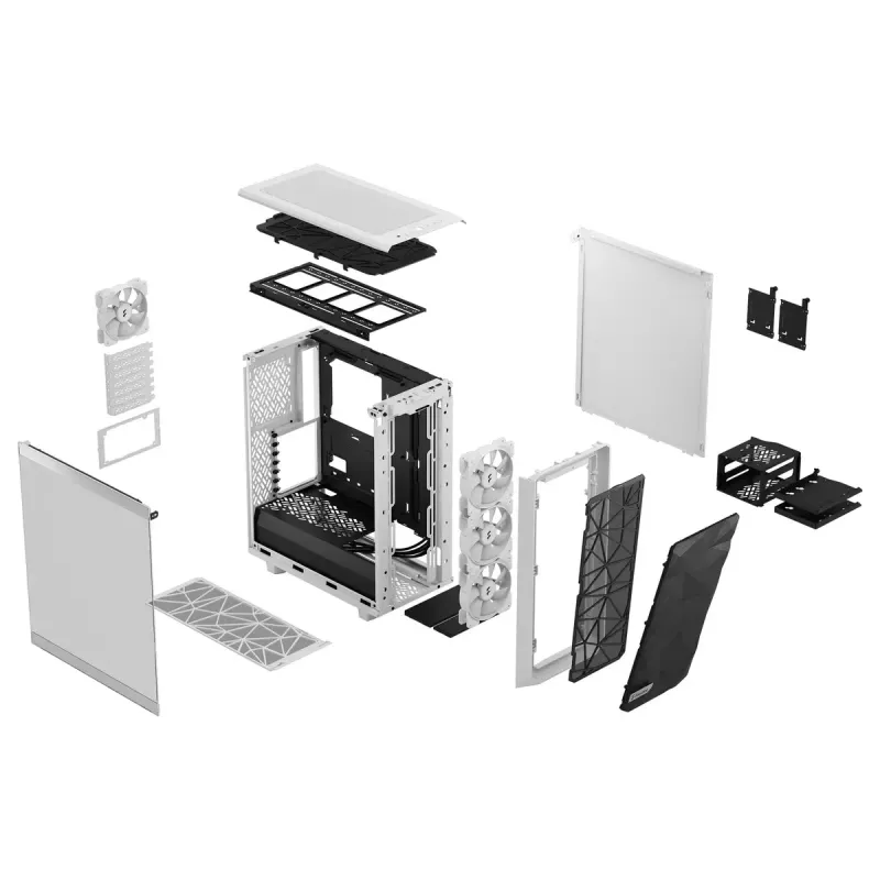 PC case Fractal Design Meshify 2 Compact RGB Valge — ATX/mikroATX/Mini-ITX, toetab 3x120 mm esiosa + 1x120 mm tagumine, 2,5-tollised/3,5-tollised kettad