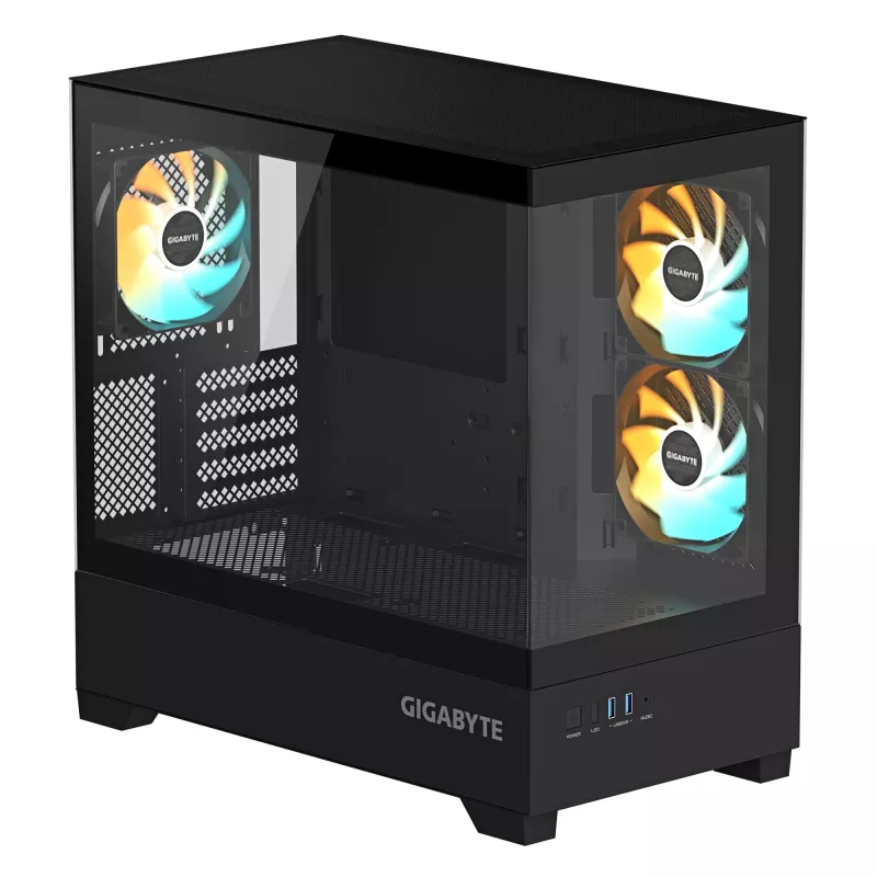 GIGABYTE C201 PANORAMIC arvutikorpus - Mid Tower, m-ATX, 360 mm radiaatori tugi, 3 eelpaigaldatud ventilaatorit, USB 3.0, RGB Fusioni tugi