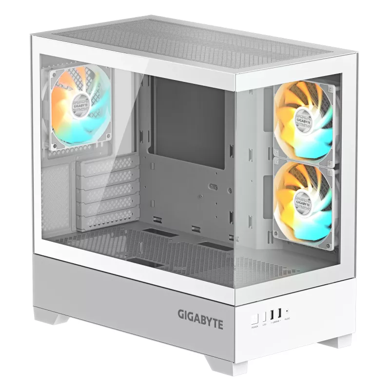 GIGABYTE C201 PANORAMIC ICE PC-korpus – kesktorn, m-ATX, 360 mm radiaatori tugi, 3 eelpaigaldatud ventilaatorit, USB 3.0, RGB Fusioni tugi