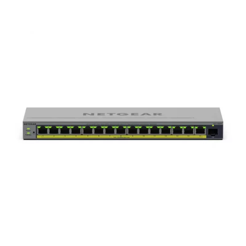 Hallatav L2/L3 Gigabit Ethernet PoE lüliti Netgear GS116EPP — 16x RJ‑45 10/100/1000, 1x SFP, 8000 MAC-kirjet, Hall