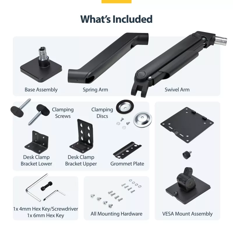 StarTech.com Monitor Desk Mount for up to 49in 32:9 Ultrawide Curved Screens, Mechanical Spring Arm, C-Clamp/Grommet, Tool-Less Adjustment, Max 44lb/20kg