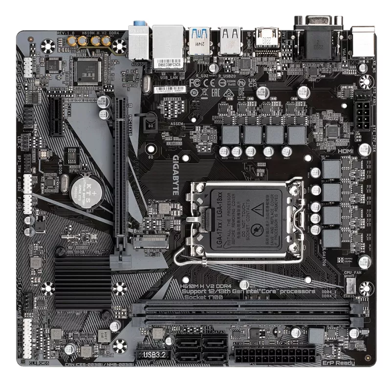 GIGABYTE H610M H V2 DDR4 emaplaat – toetab Intel Core 14. põlvkonna protsessoreid, 6+1+1 hübriidne digitaalne VRM, kuni 3200 MHz DDR4 (OC), 1xPCIe 3.0 M.2, GbE LAN, USB 3.2 Gen 1