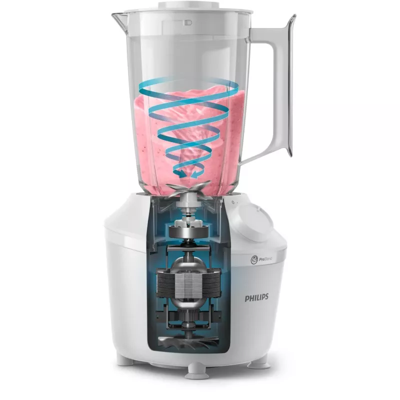 Lauapealne blender Philips HR2041/00 — 450 W, 1,9 l plastnõu, roostevabast terasest labad, valge