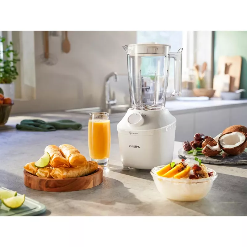 Lauapealne blender Philips HR2041/00 — 450 W, 1,9 l plastnõu, roostevabast terasest labad, valge