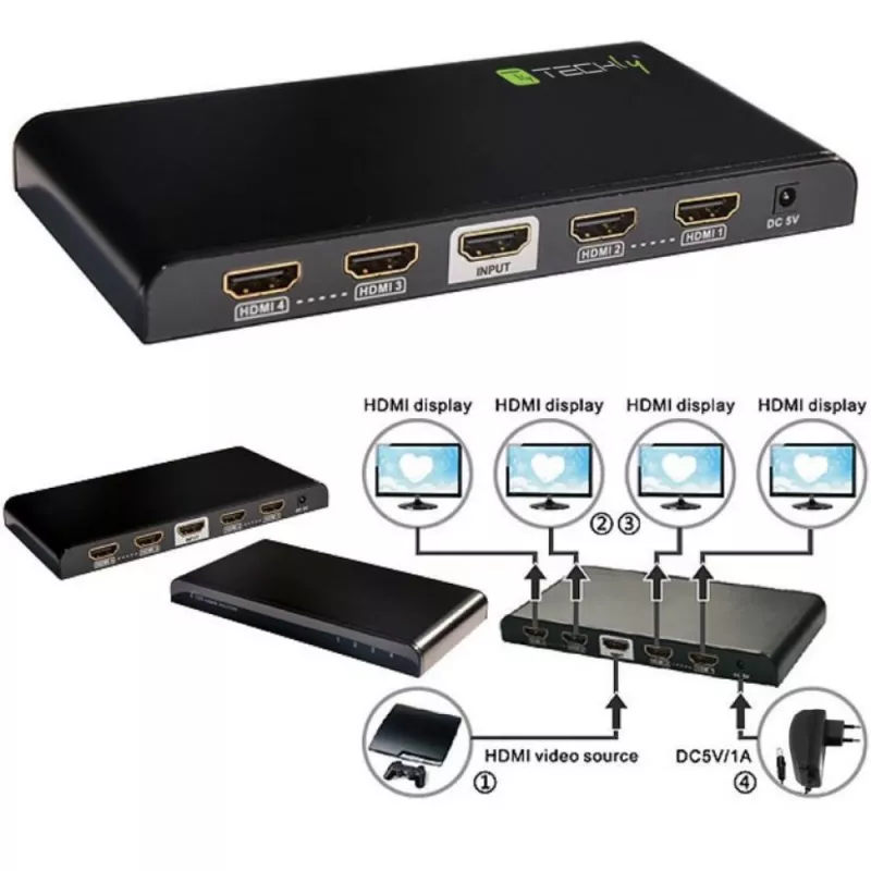 Techly Splitter HDMI 2.0 4K UHD 3D 4-way, HDMI, 4x HDMI, 3840 x 2160 pikslit, Must, 4K Ultra HD, 30 m