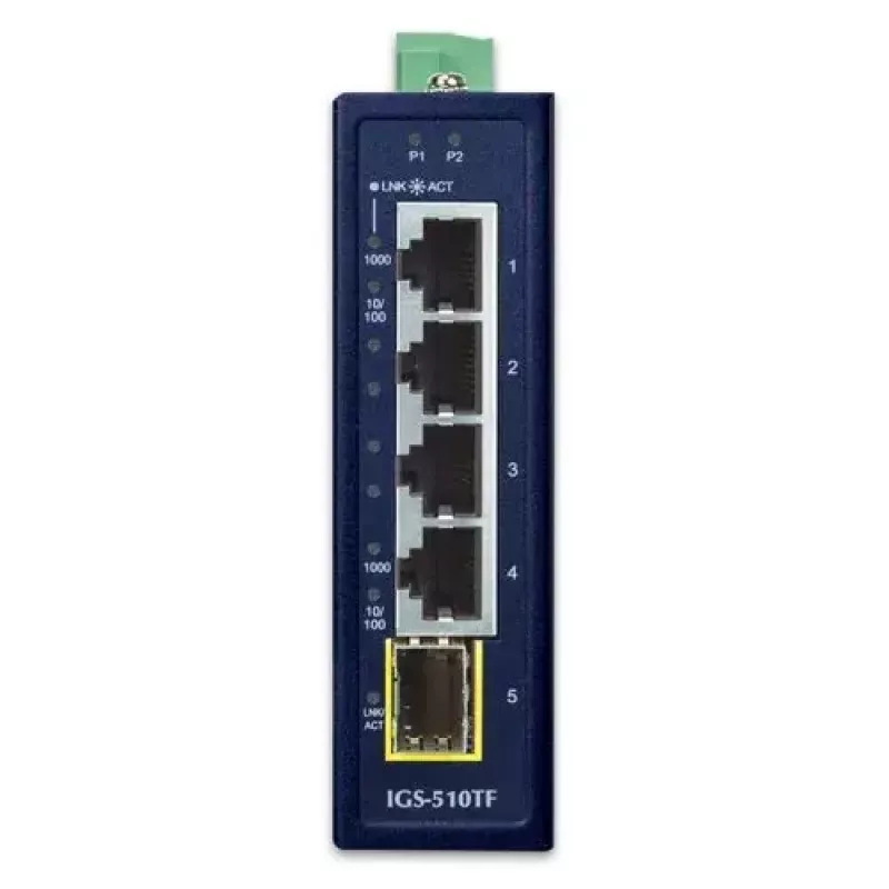 Haldamata Gigabit Ethernet kommutaator PLANET IGS-510TF — 4 x 10/100/1000 Mbps, 10 Gbit/s lülitusvõime, 9–48V DC, seinale kinnitatav