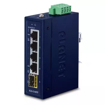 Haldamata Gigabit Ethernet kommutaator PLANET IGS-510TF — 4 x 10/100/1000 Mbps, 10 Gbit/s lülitusvõime, 9–48V DC, seinale kinnitatav