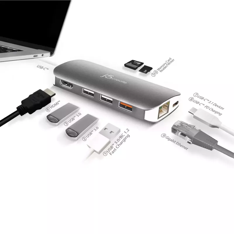 j5create JCD383 USB-C™ 9-ühes multiliides, hõbe ja valge