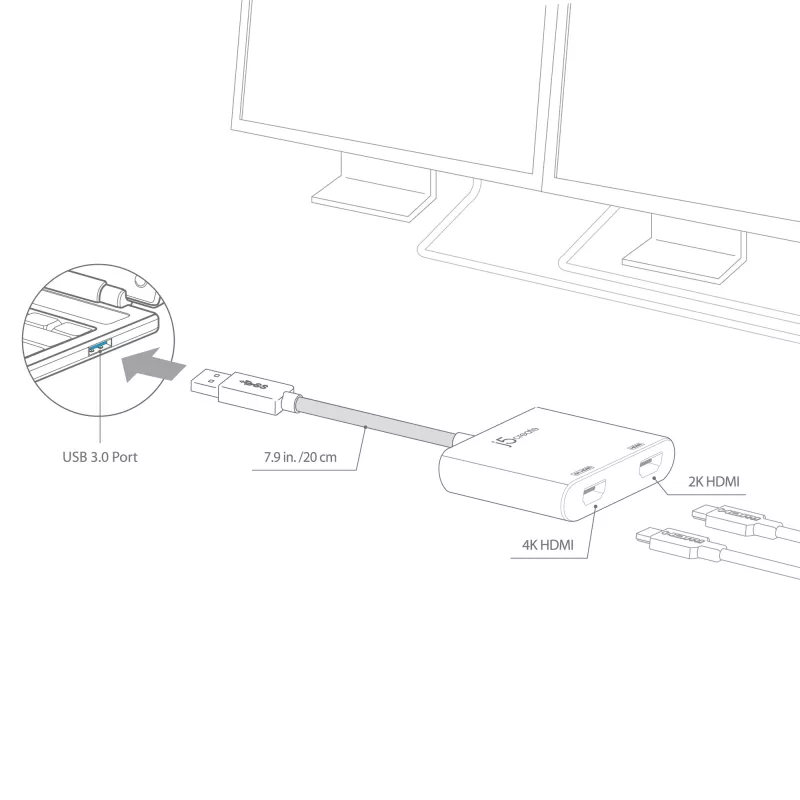 j5create JUA365 USB™ 3.0 kahe HDMI-ga mitme monitori adapter, hõbedane