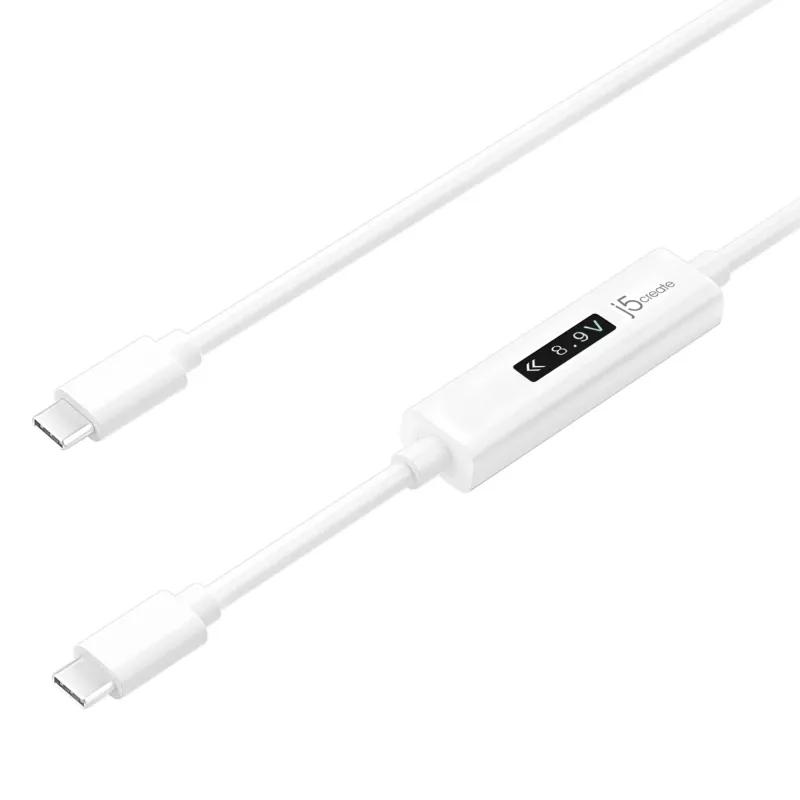 j5create JUCP14 USB-C™ 2.0 – USB-C™ kaabel OLED-dünaamilise võimsusmõõturiga, valge, 1,2 m