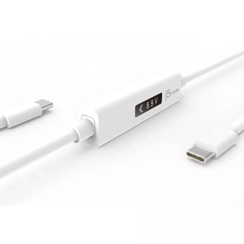 j5create JUCP14 USB-C™ 2.0 – USB-C™ kaabel OLED-dünaamilise võimsusmõõturiga, valge, 1,2 m