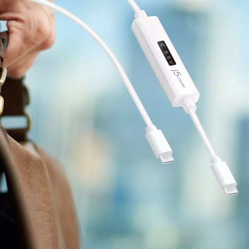 j5create JUCP14 USB-C™ 2.0 – USB-C™ kaabel OLED-dünaamilise võimsusmõõturiga, valge, 1,2 m