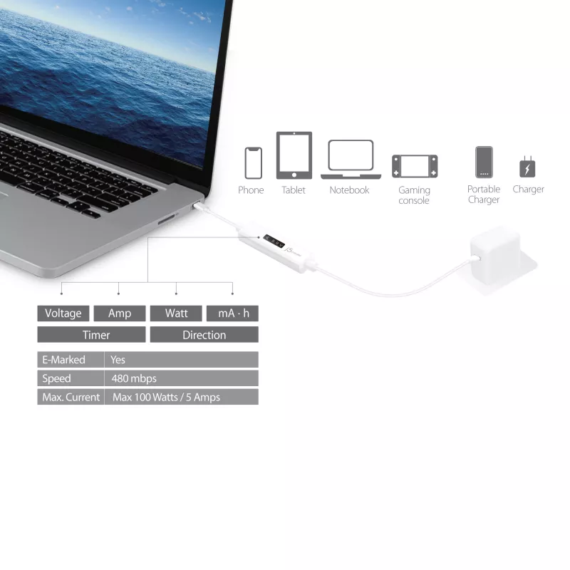 j5create JUCP14 USB-C™ 2.0 – USB-C™ kaabel OLED-dünaamilise võimsusmõõturiga, valge, 1,2 m