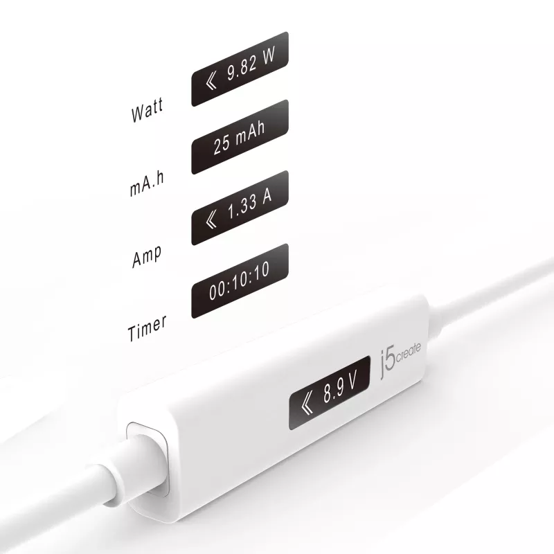 j5create JUCP14 USB-C™ 2.0 – USB-C™ kaabel OLED-dünaamilise võimsusmõõturiga, valge, 1,2 m