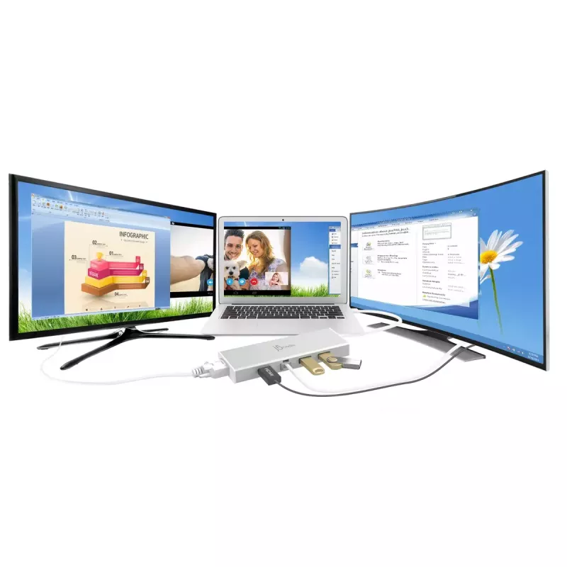 j5create JUD380 USB™ 3.0 Mini dokk, sisaldab 1x HDMI-porti ja 3x USB-porti, hõbedane