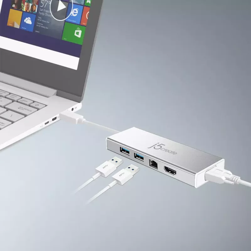 j5create JUD380 USB™ 3.0 Mini dokk, sisaldab 1x HDMI-porti ja 3x USB-porti, hõbedane