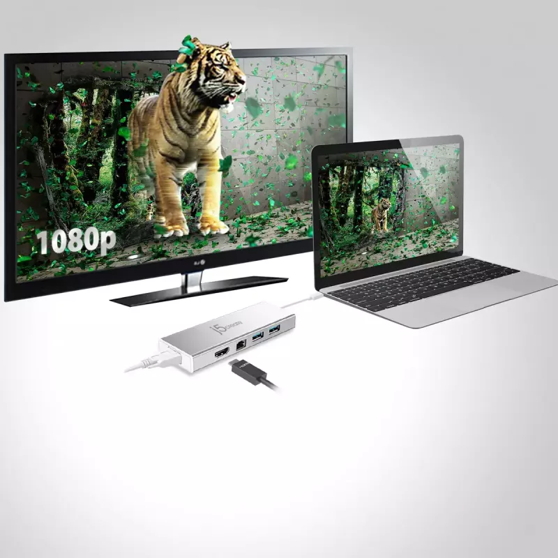 j5create JUD380 USB™ 3.0 Mini dokk, sisaldab 1x HDMI-porti ja 3x USB-porti, hõbedane