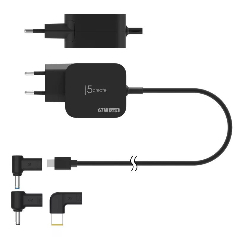 j5create JUP1565DCE3A-EN 67W GaN PD USB-C® minilaadija 3 tüüpi alalispistikutega – EL
