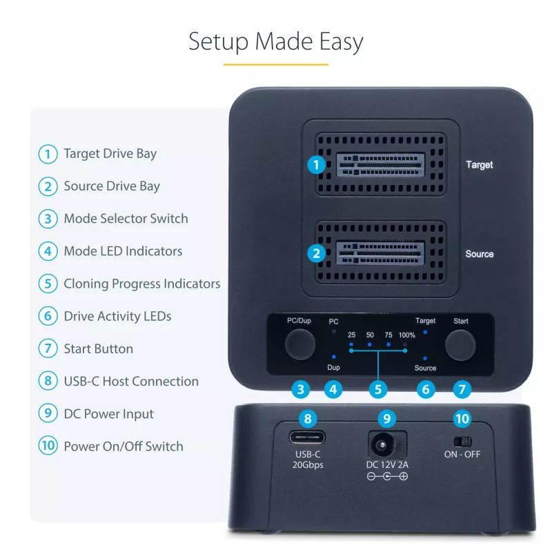 StarTech.com 1:1 M.2 NVMe Drive Duplicator, Standalone M.2 SSD Cloner/Copier up to 90GBpm, USB 3.2 20Gbps M.2 Dual-Bay Drive Dock, USB-C/A Cables Included