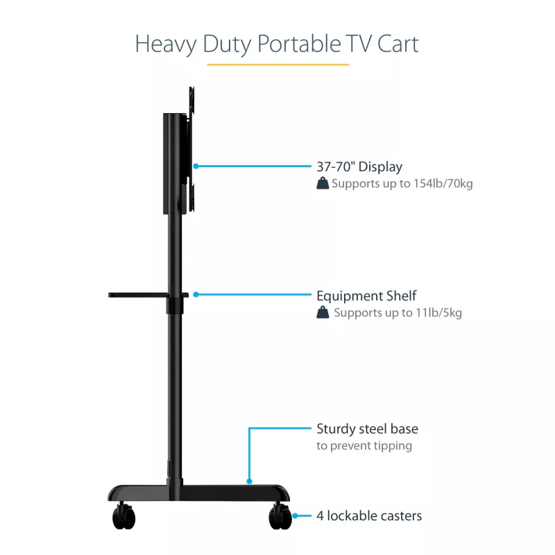 StarTech.com Mobiilne TV-käru - Kaasaskantav rulluv telerialus 37-70 inch VESA-kuvarile (154 lb/70 kg) - Telerialus koos riiuli ja hoiukambriga - Pööratav/kallutatav kuvar - Universaalne ratastel telerikinnitus
