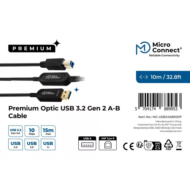 Microconnect MC-USB3.0AB10OP USB-kaabel USB 3.2 Gen 2 (3.1 Gen 2) 10 m USB A USB B Must