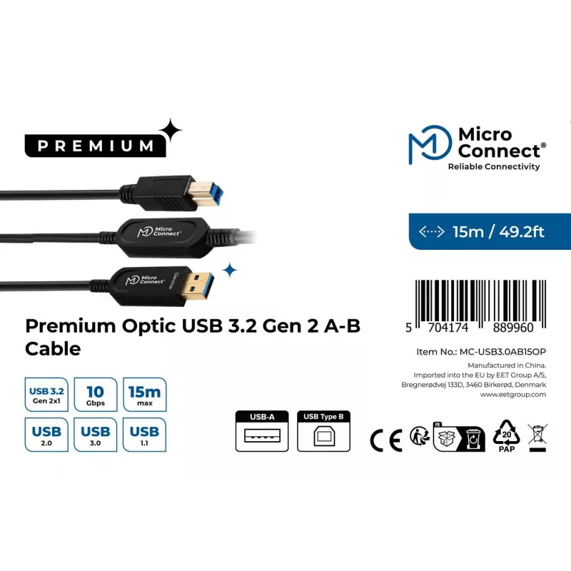 Microconnect MC-USB3.0AB15OP USB-kaabel USB 3.2 Gen 2 (3.1 Gen 2) 15 m USB A USB B Must