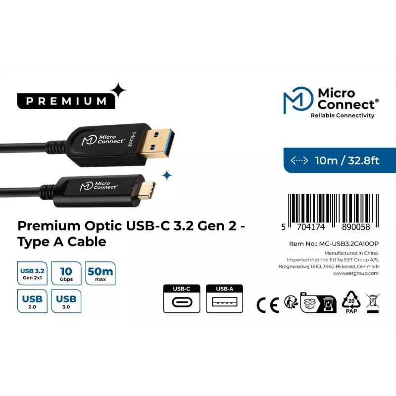 Microconnect MC-USB3.2CA10OP USB-kaabel USB 3.2 Gen 2 (3.1 Gen 2) 10 m USB A USB C Must