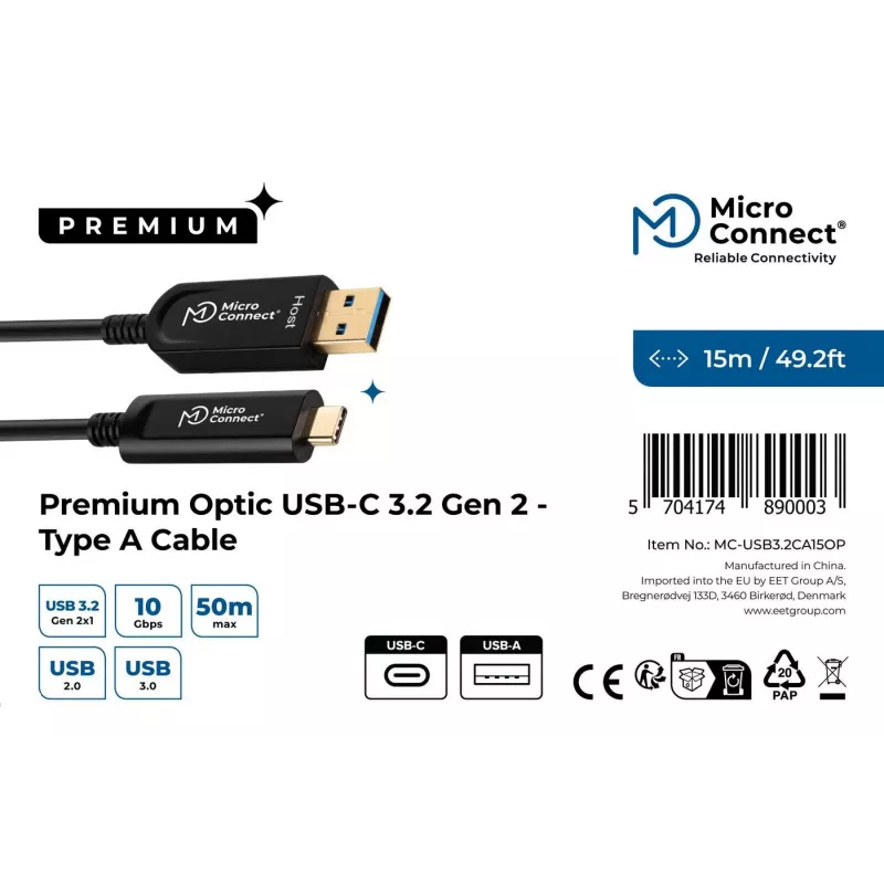 Microconnect MC-USB3.2CA15OP USB-kaabel USB 3.2 Gen 2 (3.1 Gen 2) 15 m USB A USB C Must