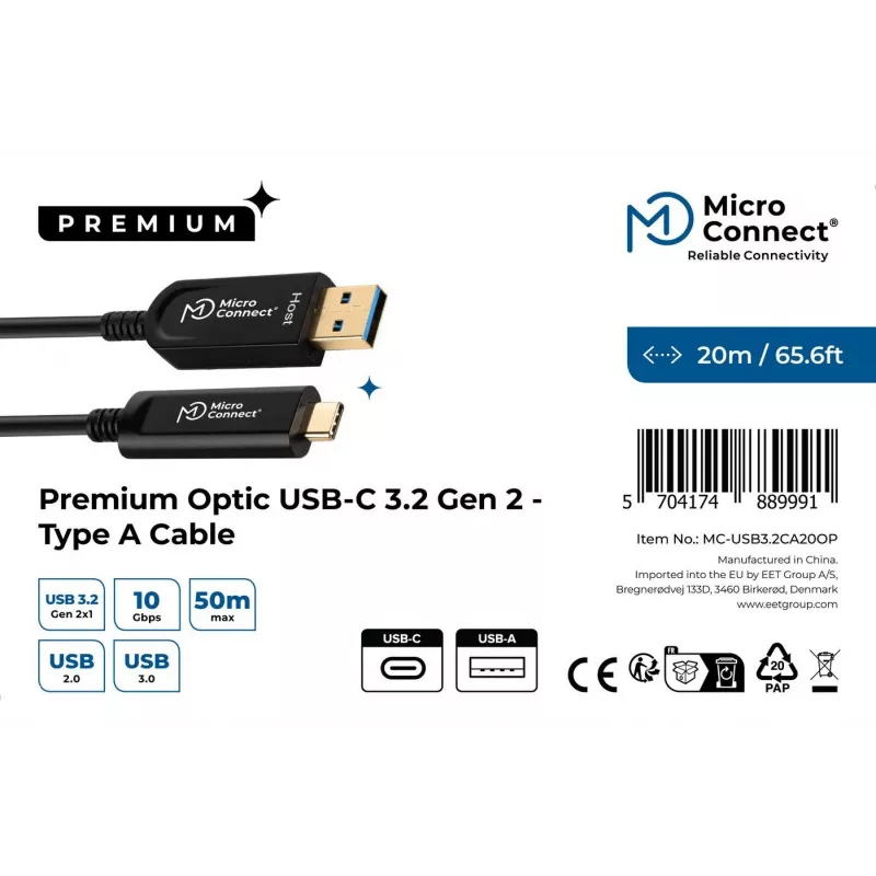 Microconnect MC-USB3.2CA20OP USB-kaabel USB 3.2 Gen 2 (3.1 Gen 2) 20 m USB A USB C Must