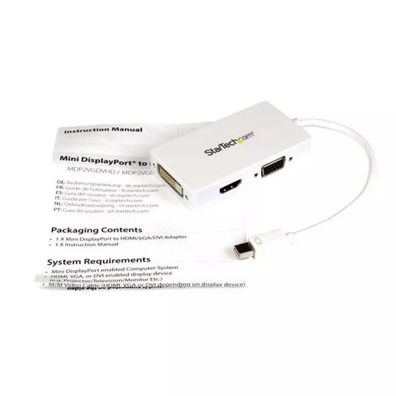 StarTech.com Travel A/V Adapter: 3-in-1 Mini DisplayPort VGA DVI või HDMI konverterile - Valge